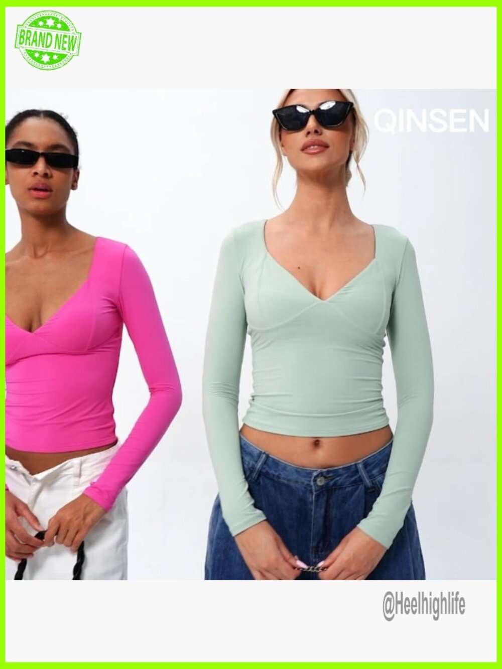 Double Lined Seamed Cup Cropped Long Sleeve V-Neck T-Shirt - Picture 7 of 7